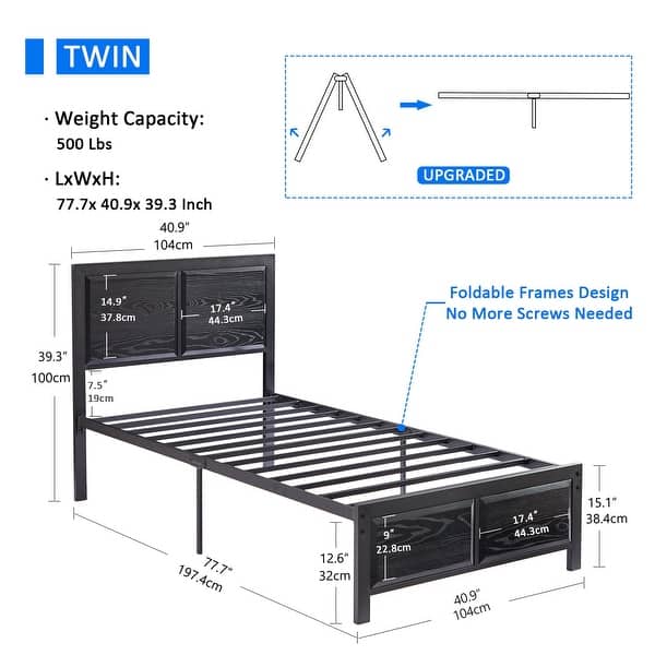 dimension image slide 0 of 3, VECELO Platform Twin Size Kids Bed Frame with Wood Headboard,Twin Size Bed Set of 2, 3 Colors