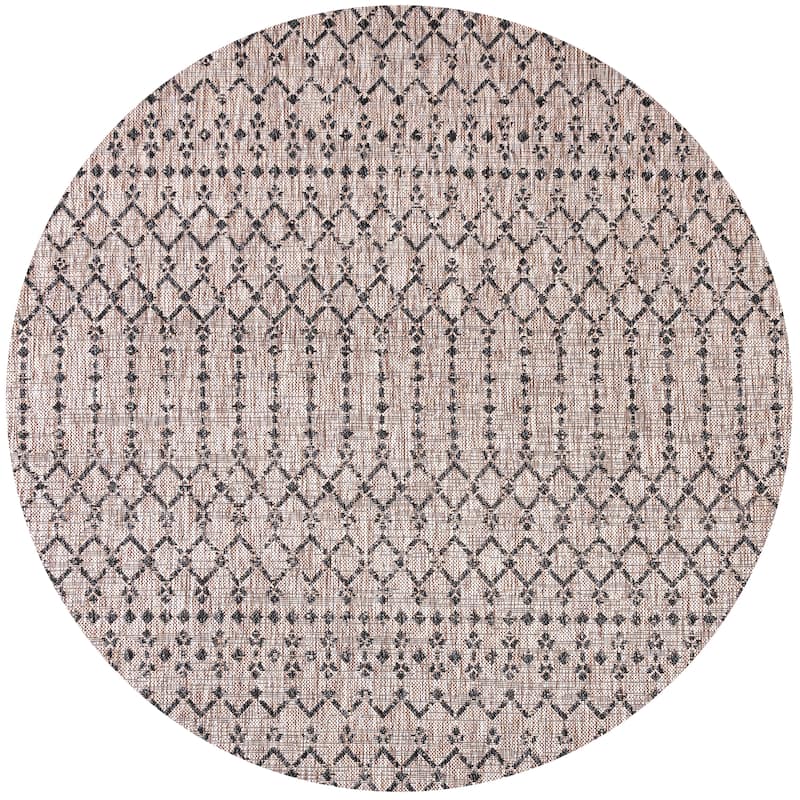 JONATHAN Y Trebol Moroccan Geometric Textured Weave Indoor/Outdoor Area Rug - 9' Round - Light Gray/Black