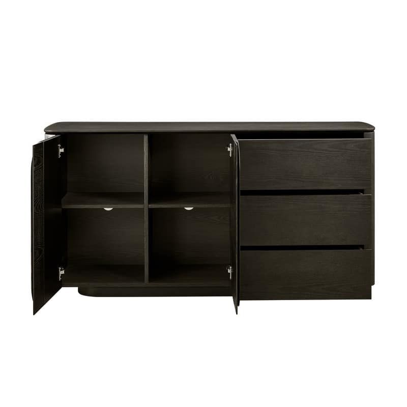 Spruce & Spring Modern Scandinavian Luxury Ash Wood Sideboard with Metallic Accent, Dark Brown Storage Buffet Cabinet
