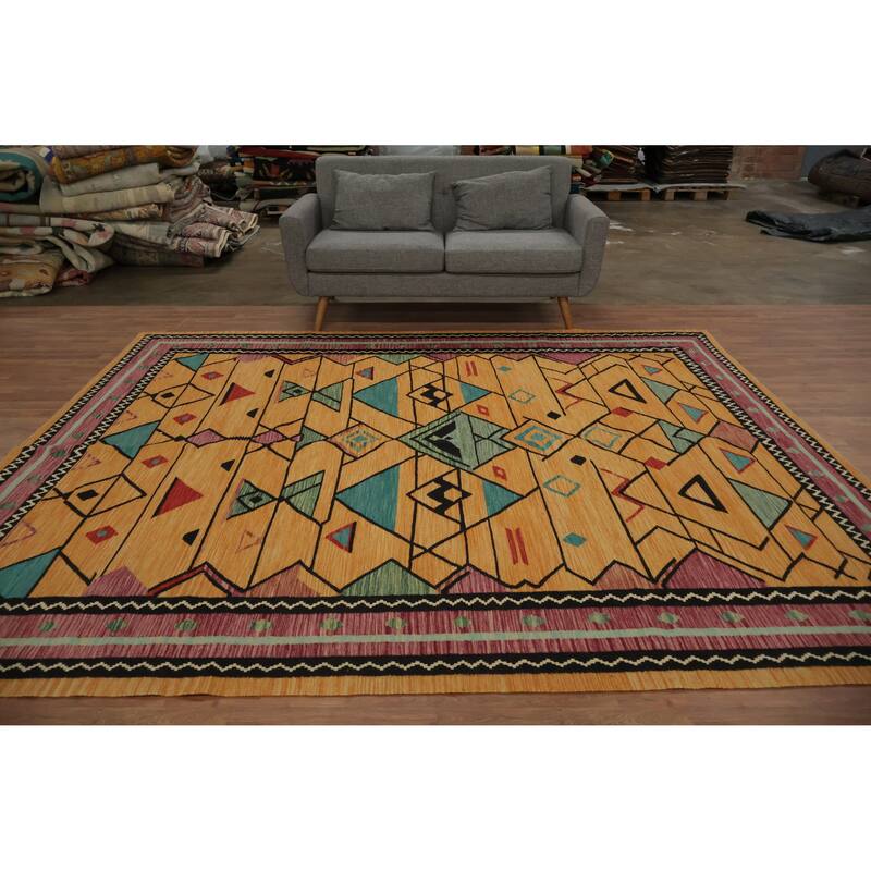 Hand Woven Oriental 100% Wool Carpet Southwestern Tribal Oranges & Rust Kilim Area Rug - 9' 11'' X 8' 5''