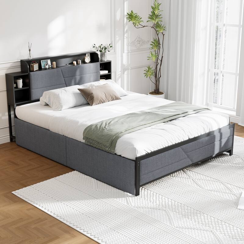 French Queen Size Bed Frame Platform with Brown/Black Storage Headboard & 4 Storage Drawers - Blue and Black