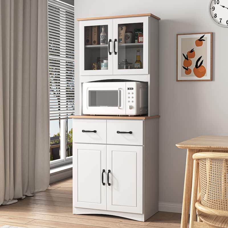 Anmytek White Wooden Kitchen Pantry Cabinet with Microwave Stand, Framed Glass Doors, Drawers & Storage Shelves - White