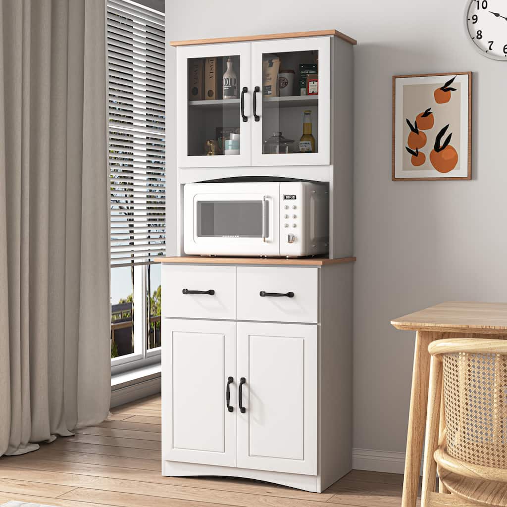 Anmytek White Wooden Kitchen Pantry Cabinet with Microwave Stand, Framed Glass Doors, Drawers & Storage Shelves