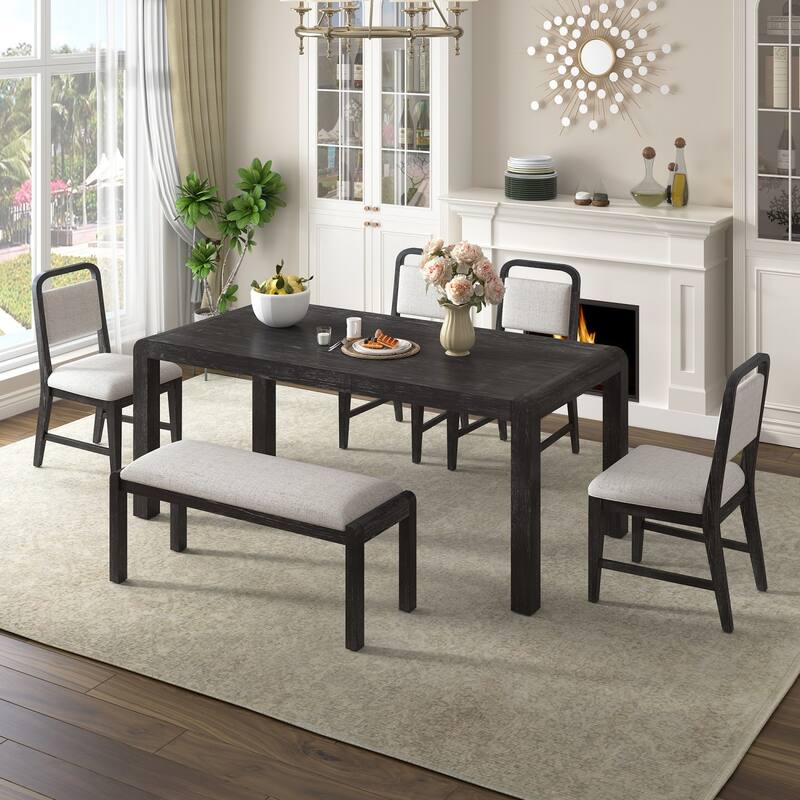 6-Piece Set, 59.8" Extendable Wooden Dining Table with 4 Chairs and 1 Bench - Espresso
