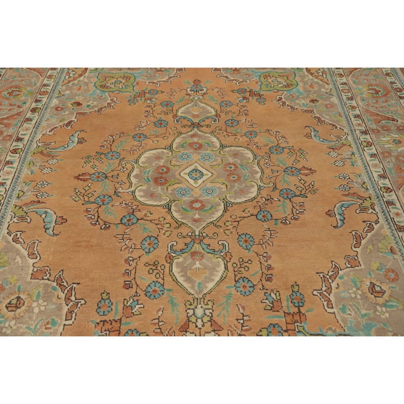 Hand Knotted Oriental 100% Wool Carpet Traditional Floral Oranges & Rust Tabriz Area Rug - 9' 4'' X 6' 9''