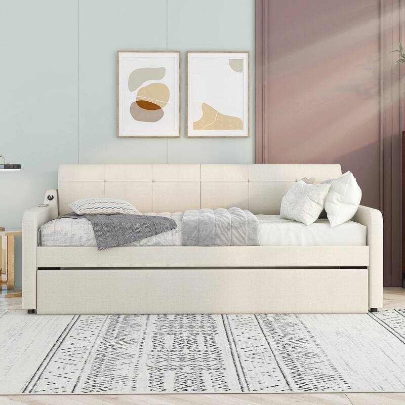Twin Size Upholstered Daybed with Trundle and USB Charging, Beige