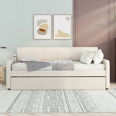 Upholstered Daybed with Pop Up Trundle, Extendable Twin Daybed with Trundle and USB Charging, Trundle can be Flat or Erected