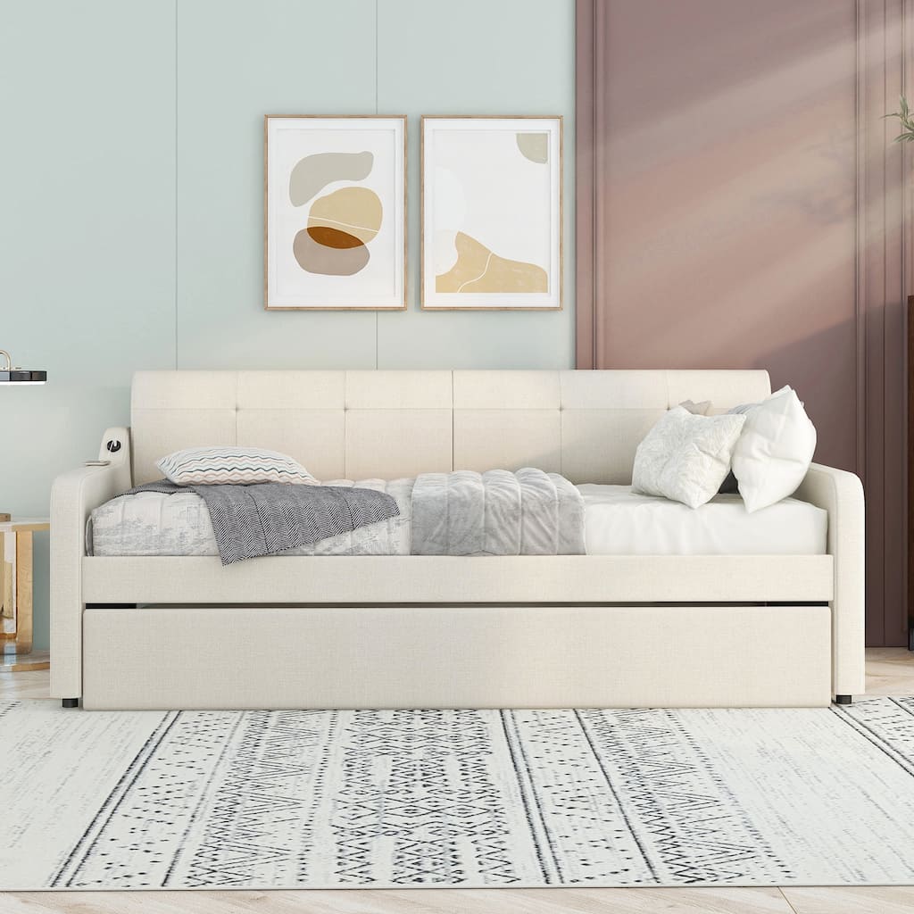 Upholstered Daybed with Pop Up Trundle, Extendable Twin Daybed with Trundle and USB Charging, Trundle can be Flat or Erected
