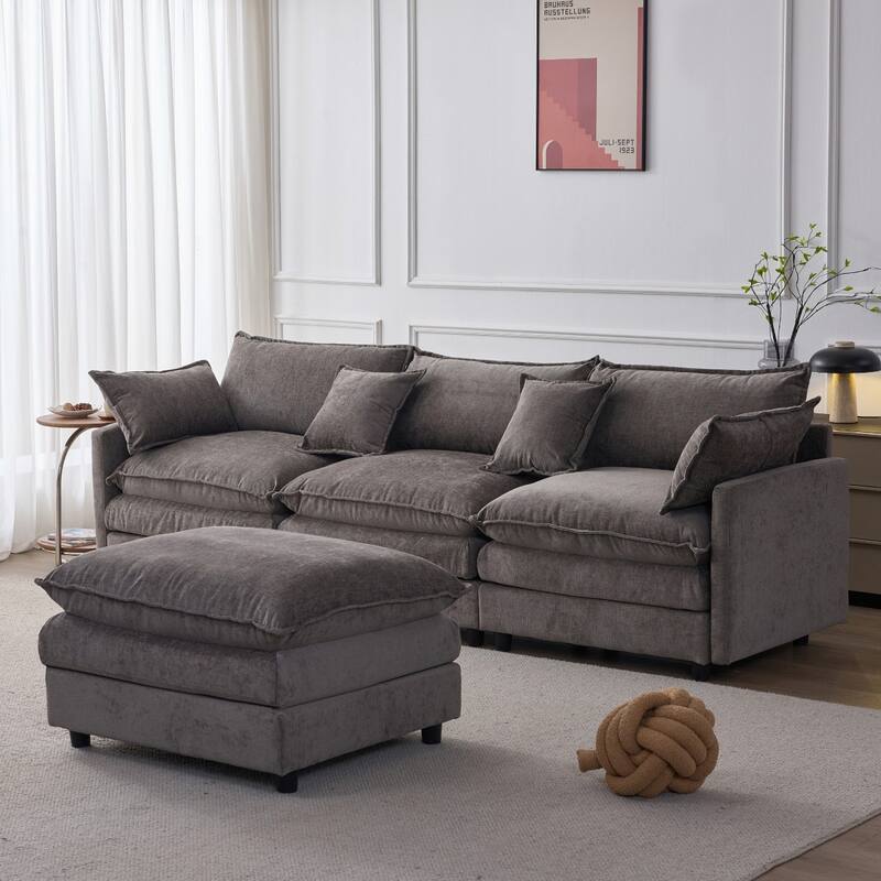 105" Modern L-Shaped Chenille Fabric Sectional Sofa with Ottoman