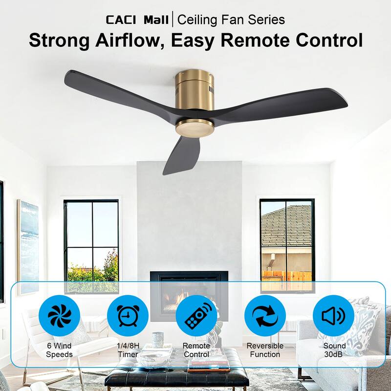 Sofucor 52 Inch Solid Wood Flush Mount Indoor Ceiling Fan without Light,Remote Control,Retractable Blades,Smart Optional