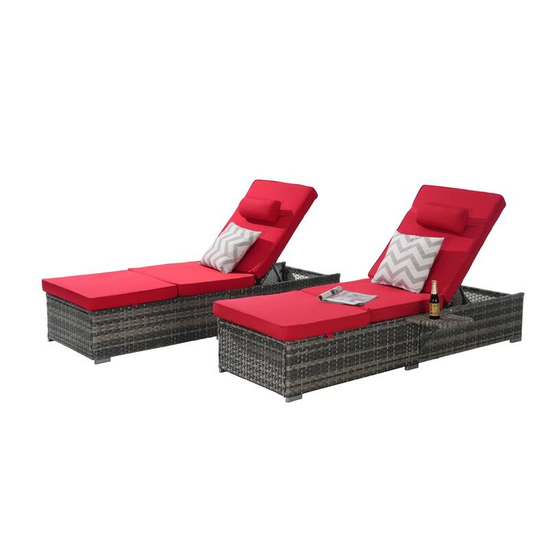 Outdoor Chaise Lounge Chair Set of 2 with Storage Patio Pool Chairs Tanning Lounges for Outside, Beach Rattan Recliners