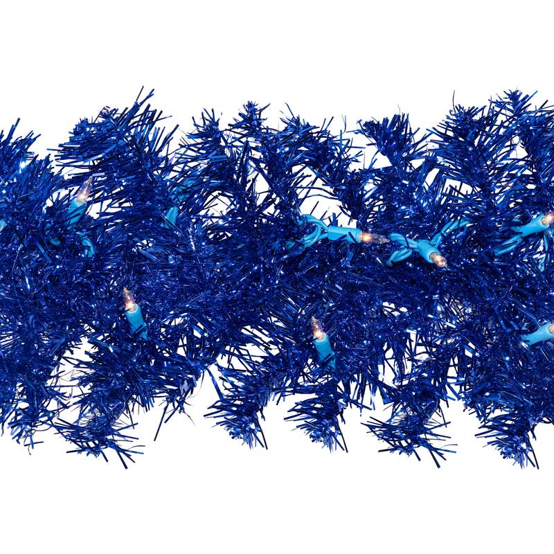 Pre-Lit Artificial Tinsel Christmas Garland - 9' x 8" - Blue - Clear Lights