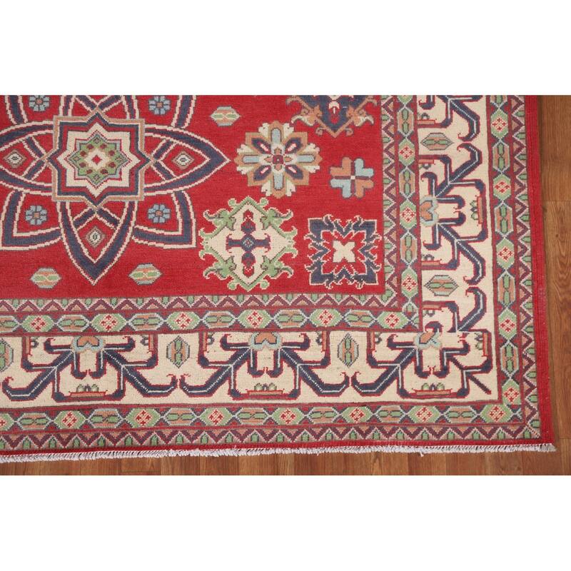 Hand Knotted Oriental 100% Wool Carpet Traditional Geometric Red Kazak Area Rug - 9' 8'' X 6' 6''