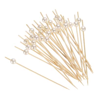 Bamboo Cocktail Toothpicks White Pearl Bead Drink Picks Skewer 100Pcs - 4.72"