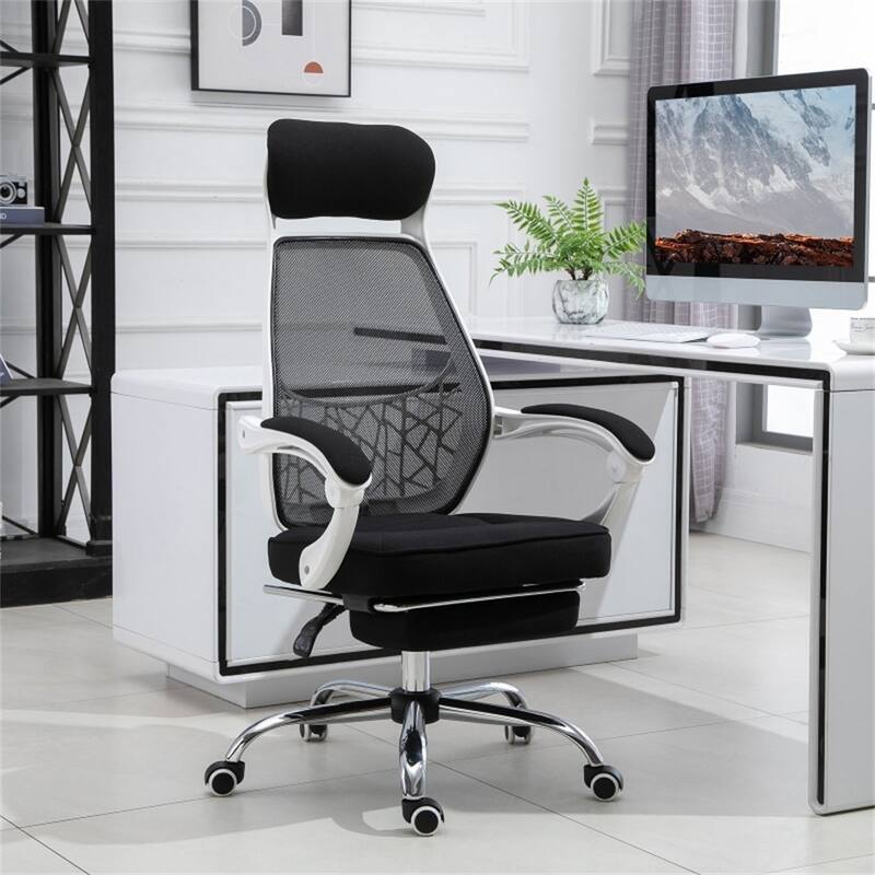 Black and White Ergonomic High Back Office Chair Mesh Fabric Reclining with Footrest - 25.5" x 47.25"