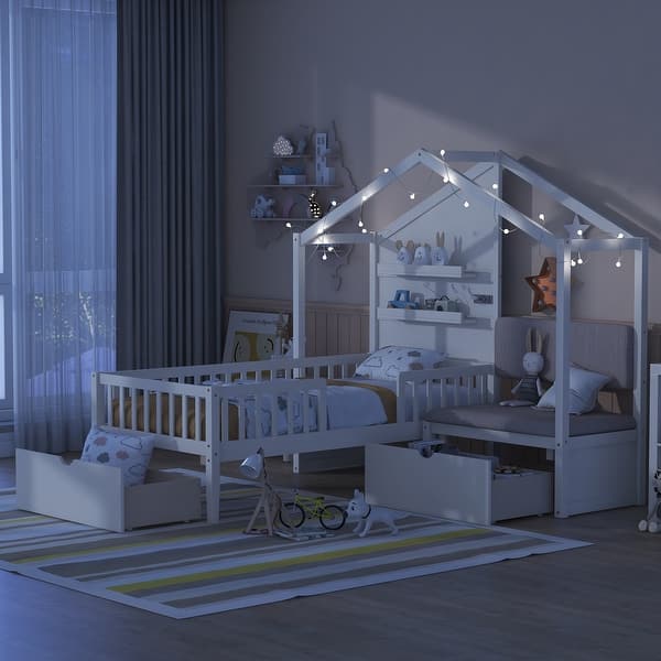 slide 2 of 15, Wooden Twin Size House Bed with Upholstered Sofa, Charging Station & Storage White