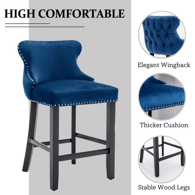 Button Tufted Velvet Wing-Back Barstools Set of 2
