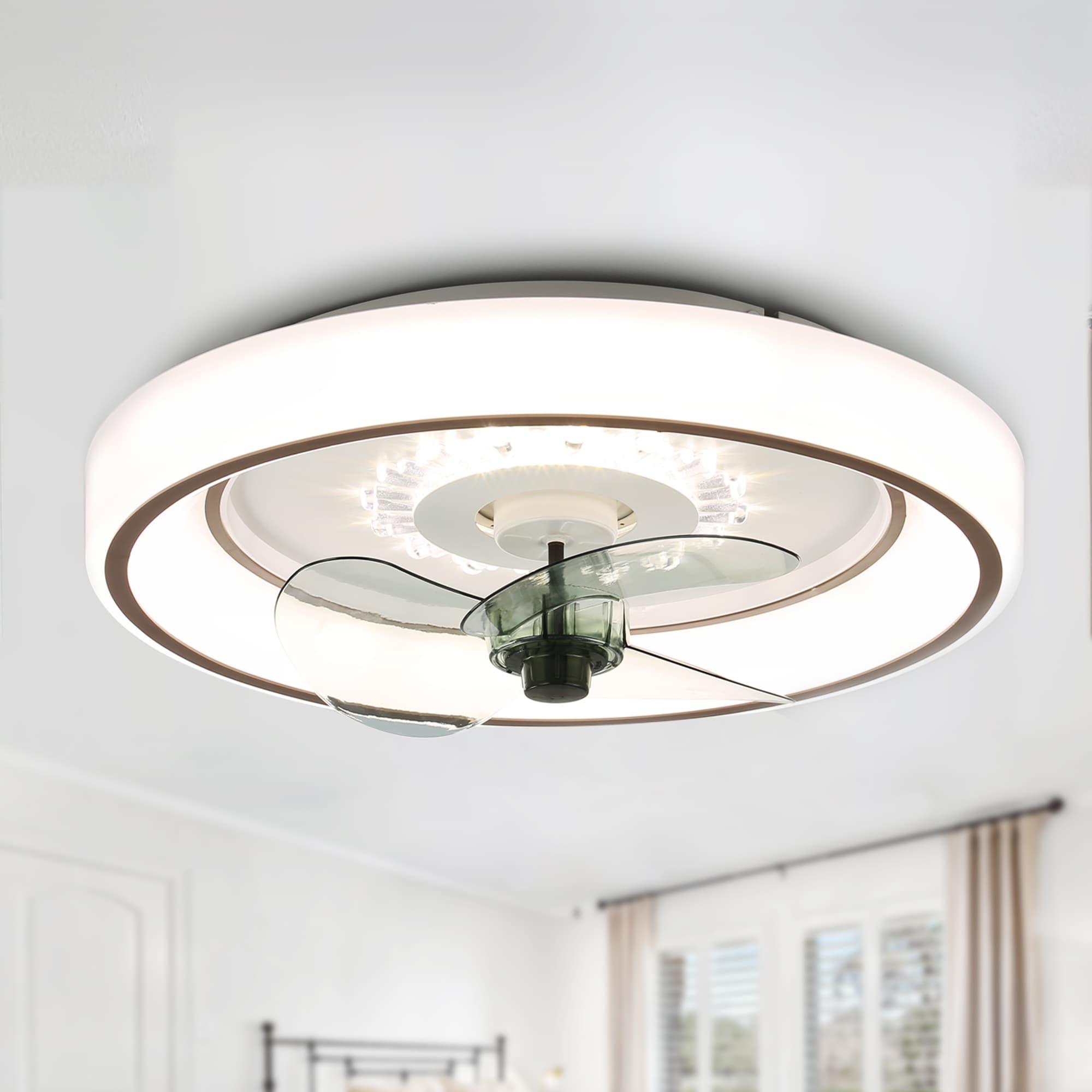 Cusp Barn 19-inch Modern Flush Mount Ceiling Fan with Light and Smart APP Remote Control Low Profile 3-Color Dimming LED Light