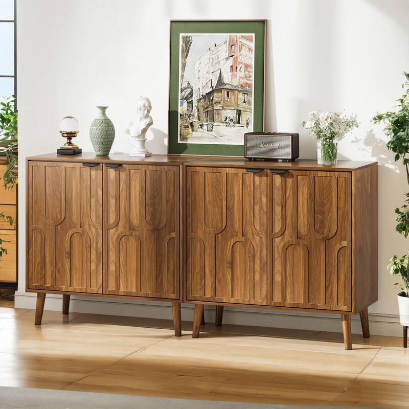 Anmytek Farmhouse Walnut Wood Sideboard Buffet Storage Cabinet Paper Clip Design