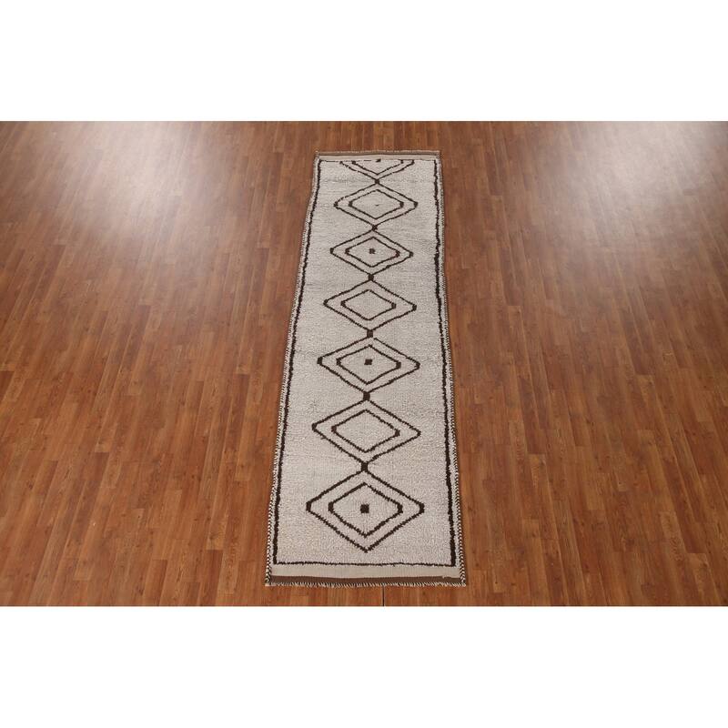 Geometric Beige Anatolian Runner Rug Handmade Wool Carpet - 3'1"x 10'4"