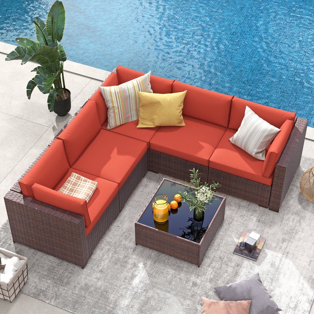 6-Piece Outdoor Wicker Sectional Sofa Set with Cushions
