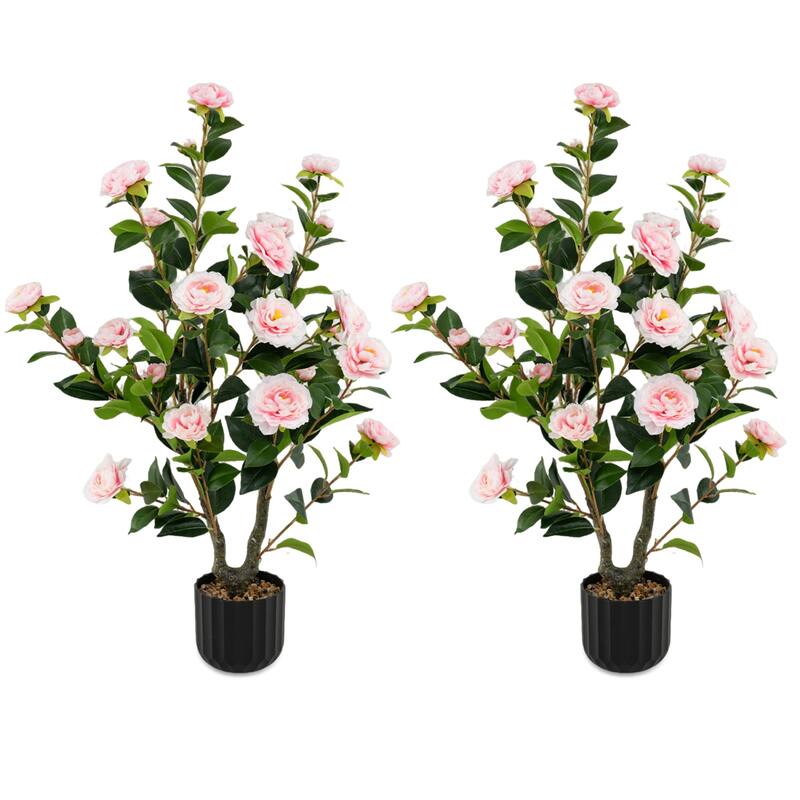 Gymax 2PCS 38'' Artificial Camellia Tree Faux Floral Plant Fake Tree - Pink