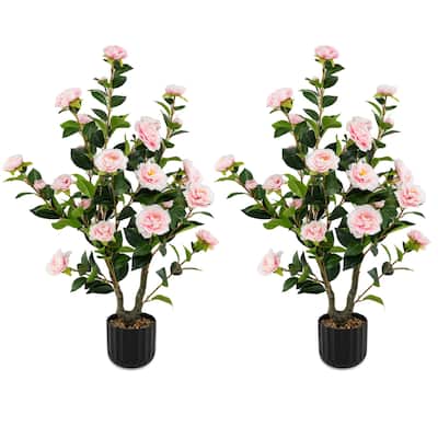 Gymax 2PCS 38'' Artificial Camellia Tree Faux Floral Plant Fake Tree