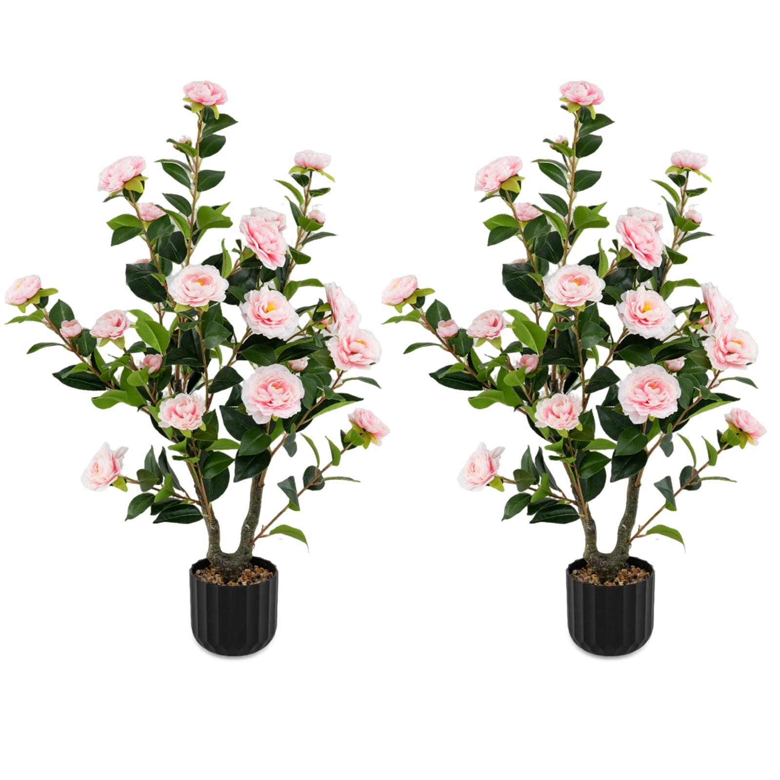Gymax 2PCS 38'' Artificial Camellia Tree Faux Floral Plant Fake Tree