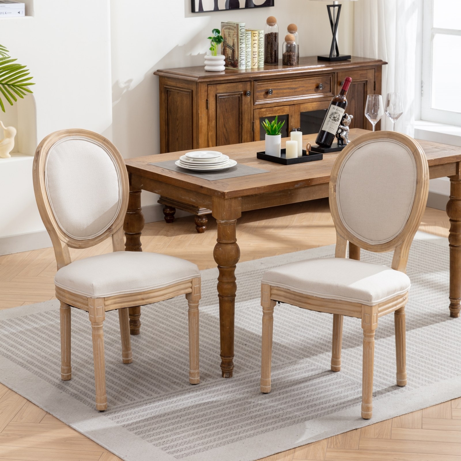 French Style Solid Wood Dining Chair Antique Painting Linen Fabric Back Lounge Chair Beige Set of 2