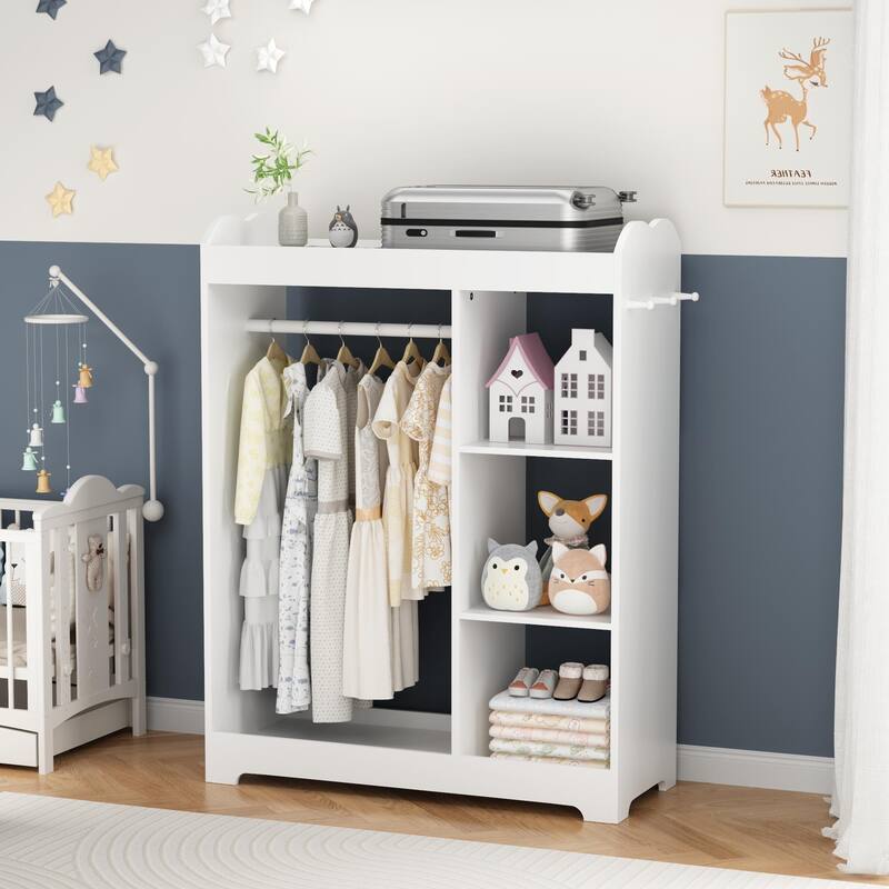 Kids Dress Up Storage with Mirror and Hooks, Wooden Clothes Rack with Hanging Rod, 3 Side Hooks, Storage Shelves and Top Shelf