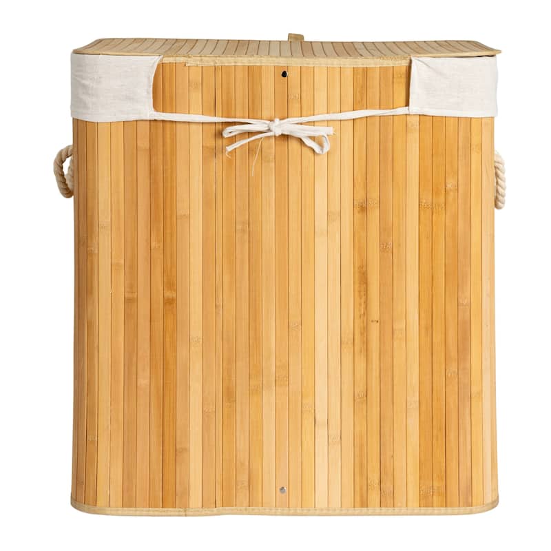 Household Essentials Bamboo Double Laundry Hamper with Rope Handles and Removable Laundry Bag