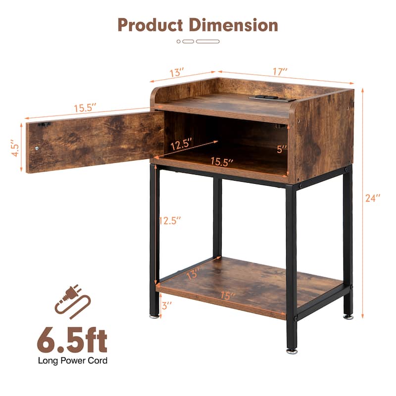 Costway Nightstand W/ Charging Station Sofa Side Table Storage Cabinet - See Details