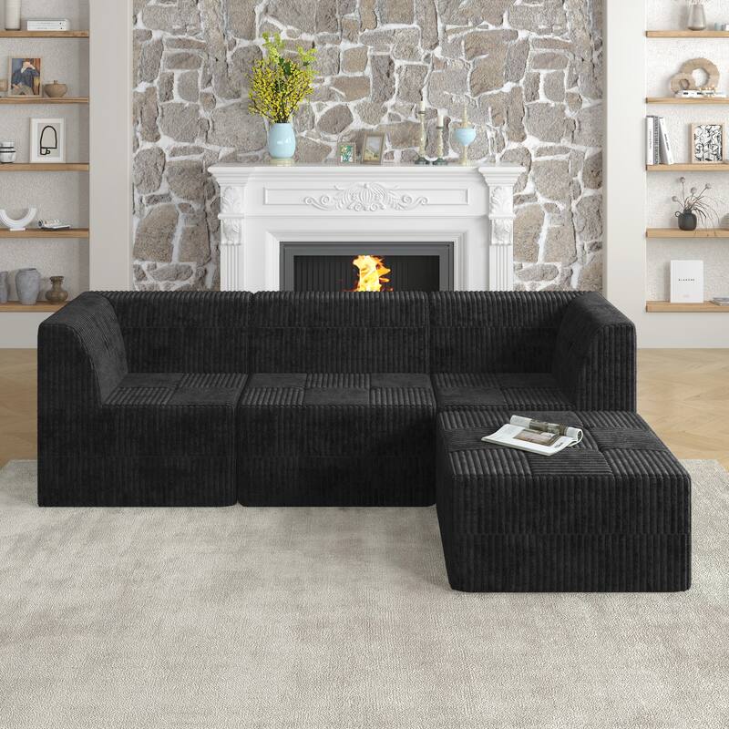 Minimalist Corduroy Upholstered Sectional Sofa with Chaise, Modular Compressed Sleeper Couch with Ottoman for Living Room - Black