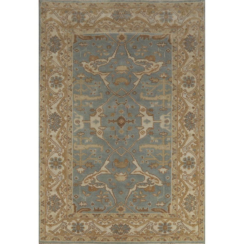 Oushak Indian Area Rug Hand-Knotted Blue Floral Wool Carpet - 6'2" x 9'0"