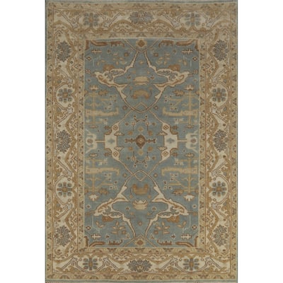 Oushak Indian Area Rug Hand-Knotted Blue Floral Wool Carpet - 6'2" x 9'0"