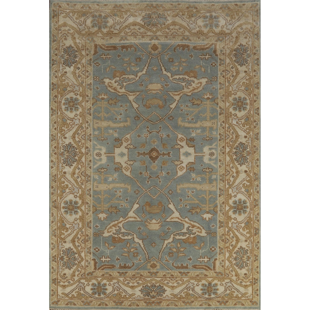 Oushak Indian Area Rug Hand-Knotted Blue Floral Wool Carpet - 6'2" x 9'0"