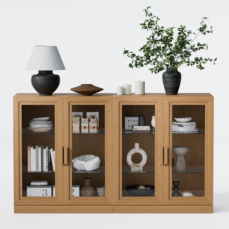 Large Sideboard Buffet Cabinet with 4 Glass Doors 2 Adjustable Shelves for Kitchen Living/Dinning Room Bedroom Entryway