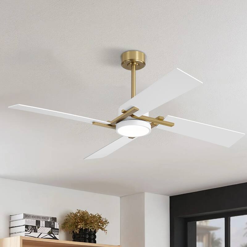 MLiAN 56 In./ 72 In. 4 Plywood Blades Indoor LED Light Ceiling Fan with Remote... - 72" - Gold/ White