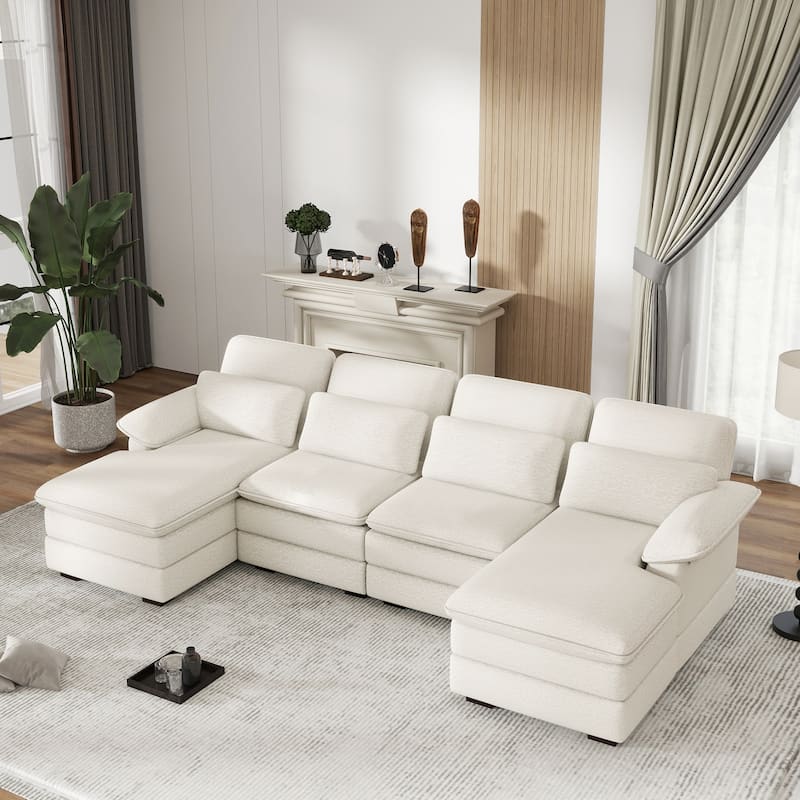 U-Shaped 111.8" Cloud Combo Sofa 4-Seater Chenille Fabric Sofa with Arms