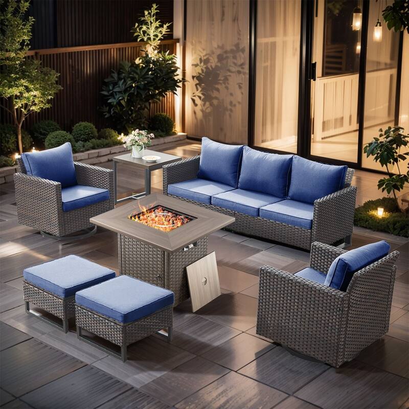 7 Pieces Fire Pit Table with Sofa Swivel Chair Ottoman Set - Brown Wicker - Blue cushion