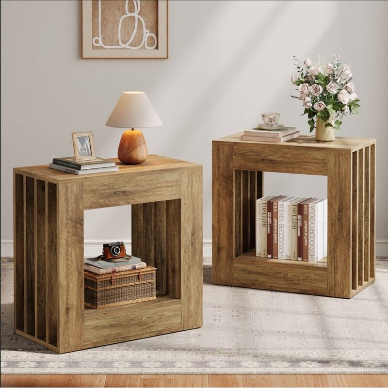 2 Tier Side Table for Living Room, Rectangular Couch End Table with Storage for Bedroom, Farmhouse Style - 2-Pieces