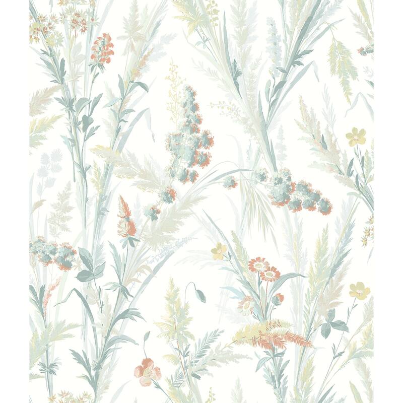 Botanical Gloucester Hillaire Wheat Meadow 33 ft L X 20.5 in W Wallpaper. - Teal