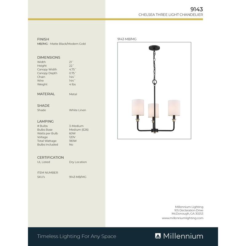 Millennium Lighting Chelsea Chandelier Ceiling Fixture in Matte Black Modern Gold