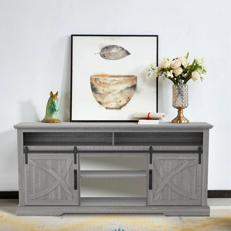 68" Farmhouse Grey Sliding Barn Door TV Stand with Storage Open Compartment