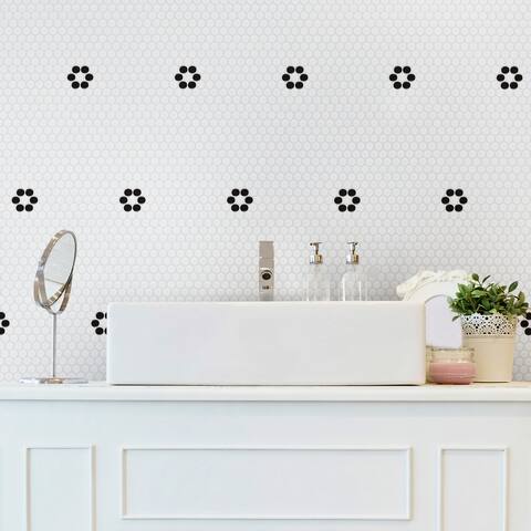 Merola Tile Metro Penny White with Black Flower 9.75" x 11.5" Porcelain Mosaic Floor and Wall Tile