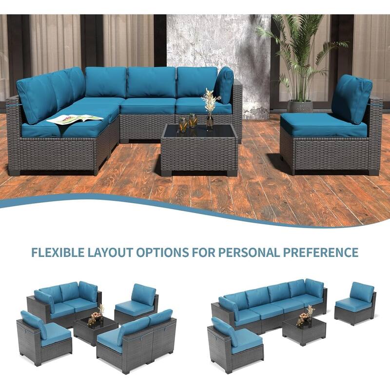7-Piece Patio Conversation Sofa Set with Cushions and Glass Top Coffee Table