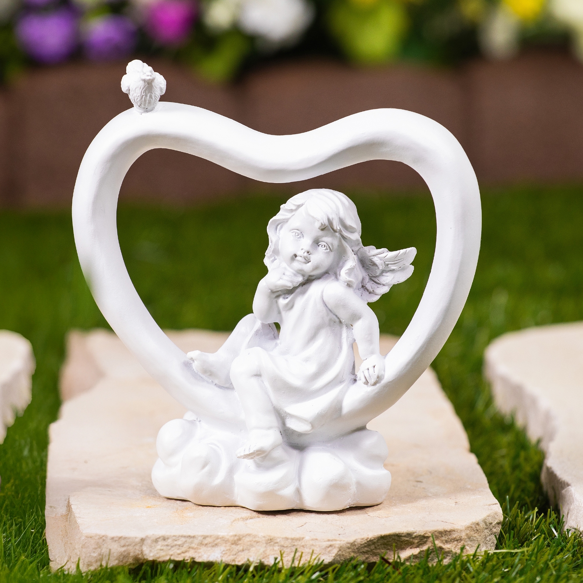 Cherub Heart with Bird Decoration - 7" - White