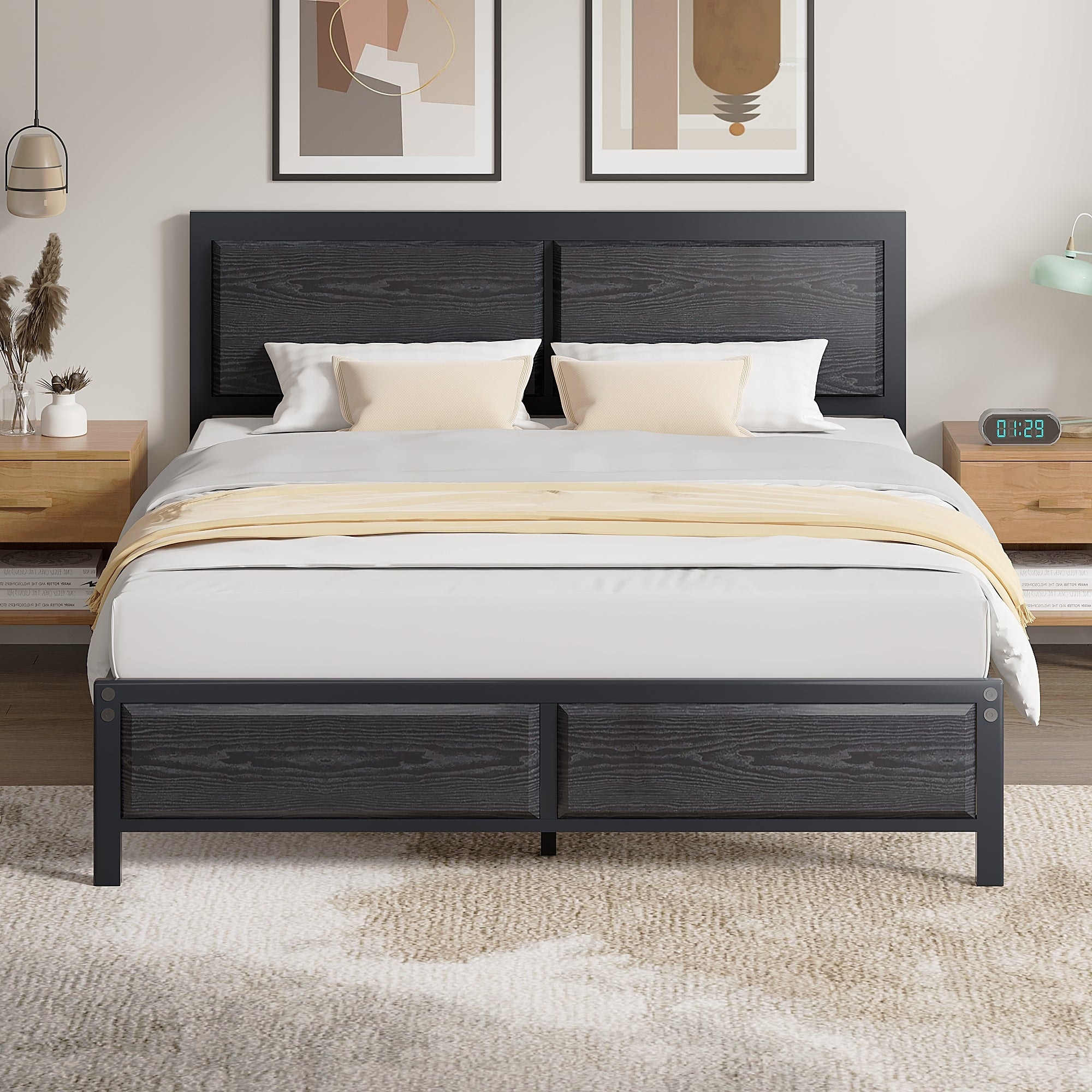 Javlergo Black Industrial Metal Platform Bed Frame with Headboard and Footboard Heavy Duty Metal Frame Noise-Free Design