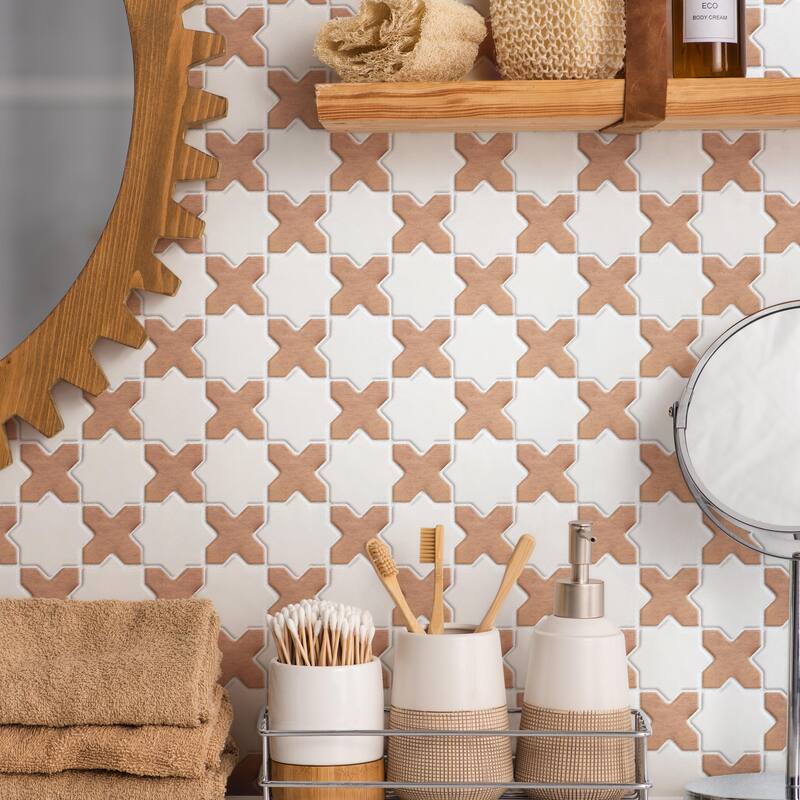 Merola Tile Sentier des Cotto 2" Cross with White Star 11-7/8" x 11-7/8" Porcelain Floor and Wall Tile - Case (10 Tiles)