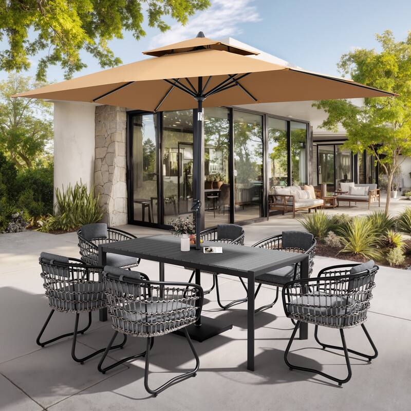 9-Piece Outdoor Patio Dining Set Wood Like Aluminum Umbrella Hole Table with Rattan Chairs, Market Umbrella and Base
